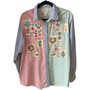 VTG Quacker Factory Red, Blue, & Green  Plant and Floral Gingham Patchwork Shirt